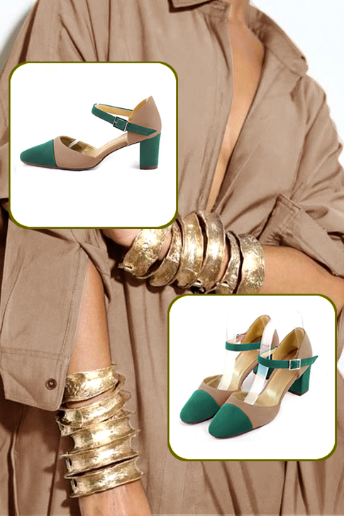 Women's emerald green and tan beige elegant closed-back heels, with an instep strap. Round toe. Medium block heels - Worn view